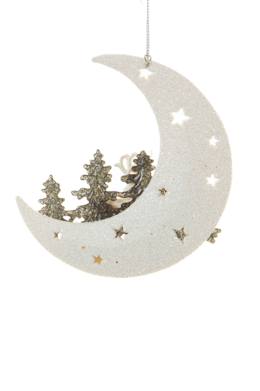 5" Hanging Platinum Acrylic Crescent Moon Ornament with Reindeer's Forest