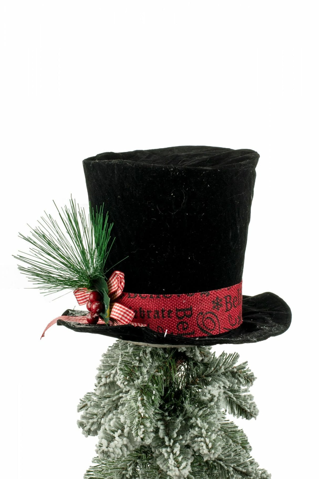 9" Black Cloth Top Hat Tree Topper with Holiday Spray