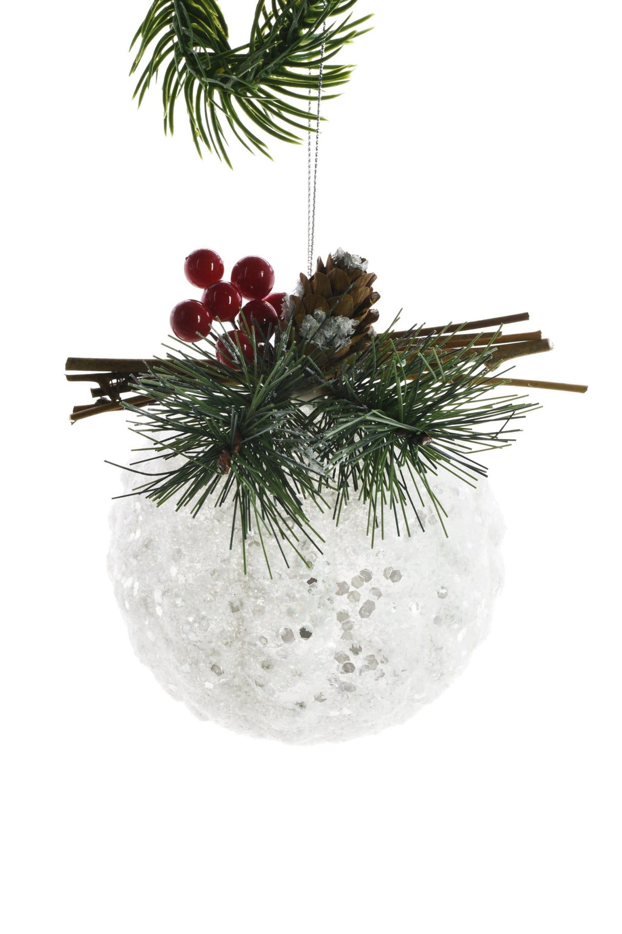 5"Hanging White Glass Conifer Ball Ornament with Spray