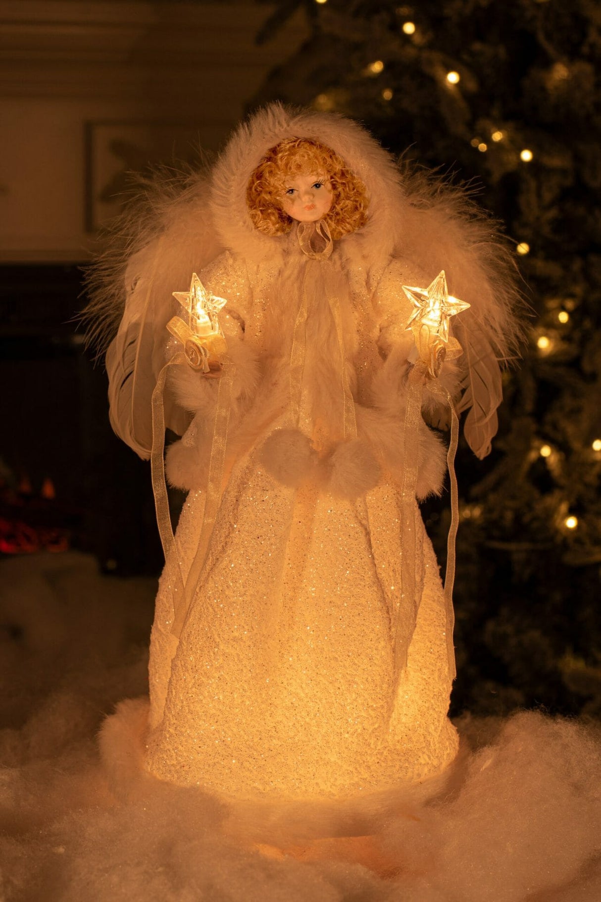 15" Ivory Cloth Hooded 10-Light Angel Tree Topper with Blonde Curly Hair