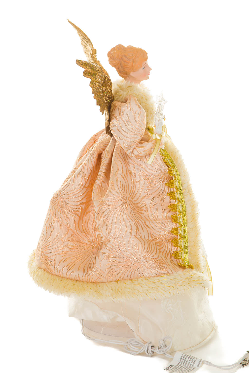 15" Pink and Ivory Cotton Regal Warm White LED Angel Tree Topper with Golden Wings