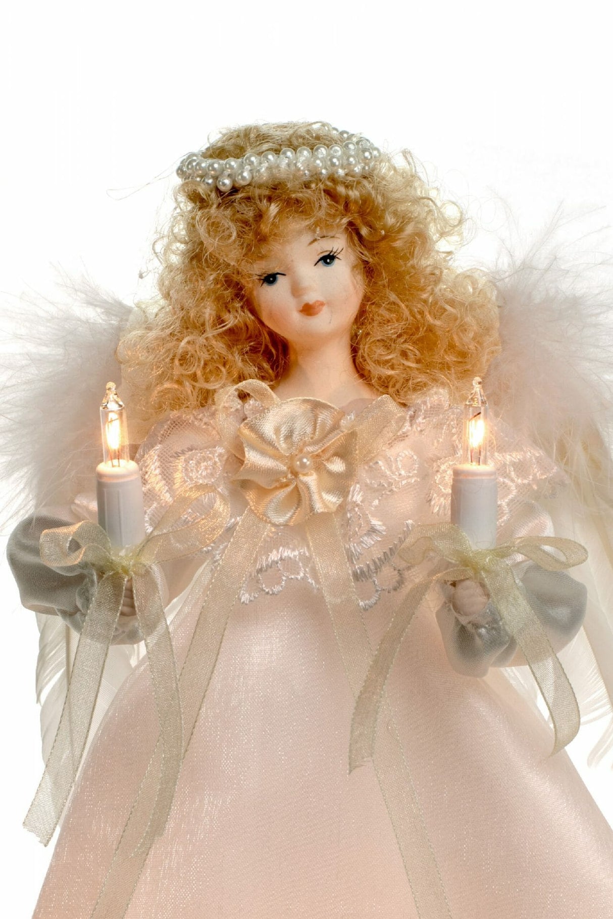 10" Ivory Small 10-Light Angel Tree Topper with Blonde Curly Hair
