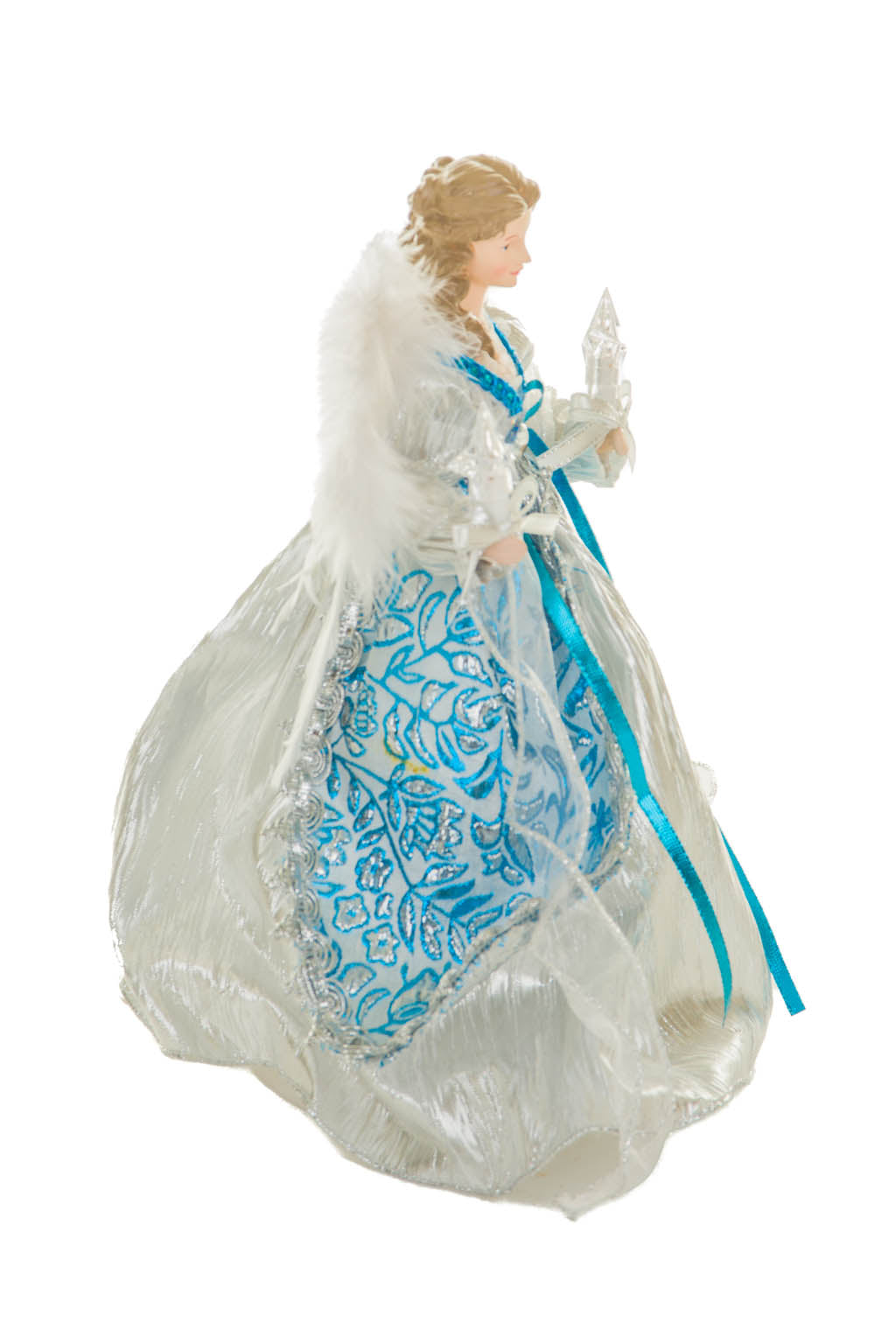 12" Floral Silver and Cerulean Polyester Contemporary Warm White LED Angel Tree Topper
