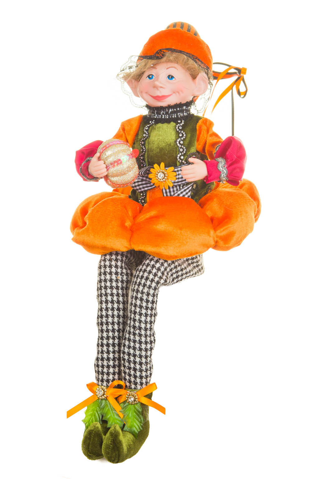 26" Sitting Velveteen Orange and Green Cotton Impish Elf Doll with Pumpkin Suit