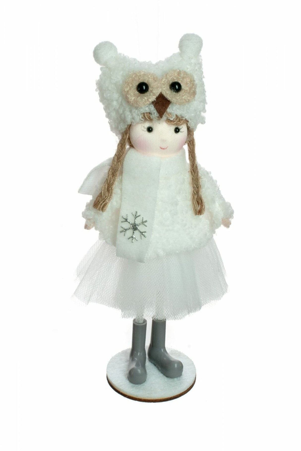 7.5" White Cloth Little Girl Doll with Owl Hat