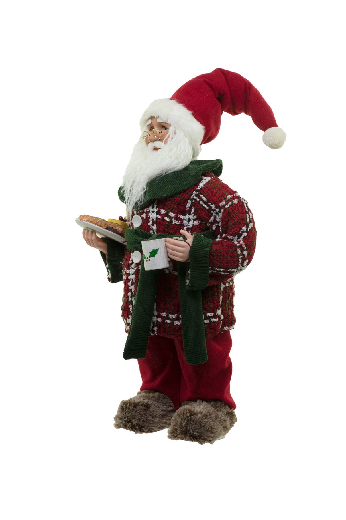 26" Red and Green Cloth Sabbatical Santa Figurine with Coffee and Snacks