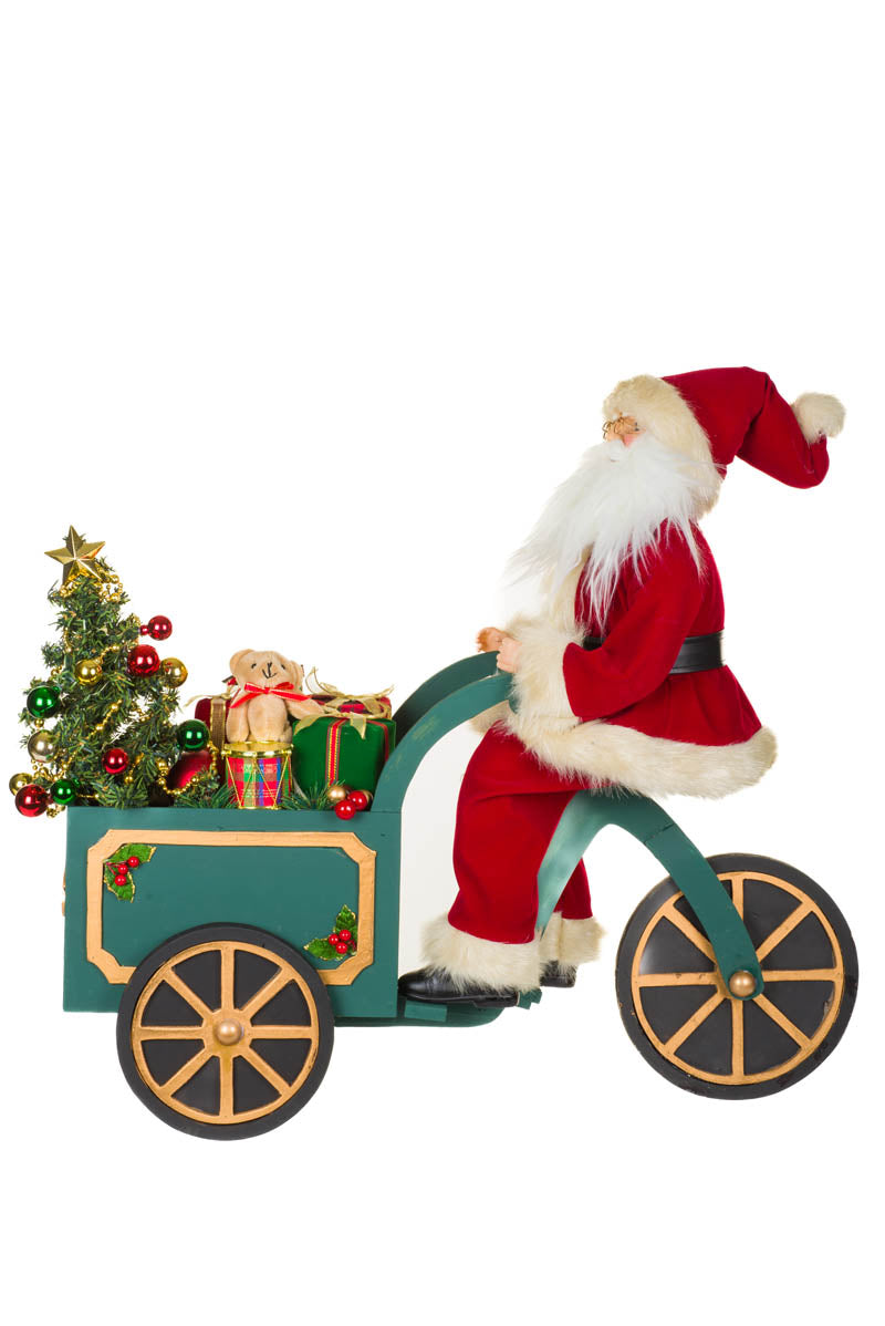 23.5" Teal Fabric Special Delivery Santa LED Figurine Riding Wooden Cart