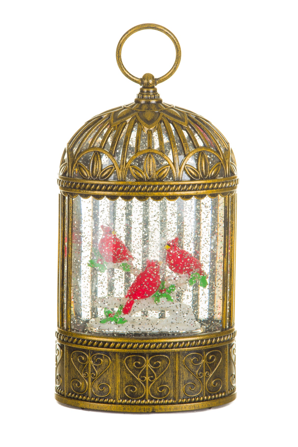 9.25" Gold Plastic Birdcage Warm White LED Snow Globe with Cardinals