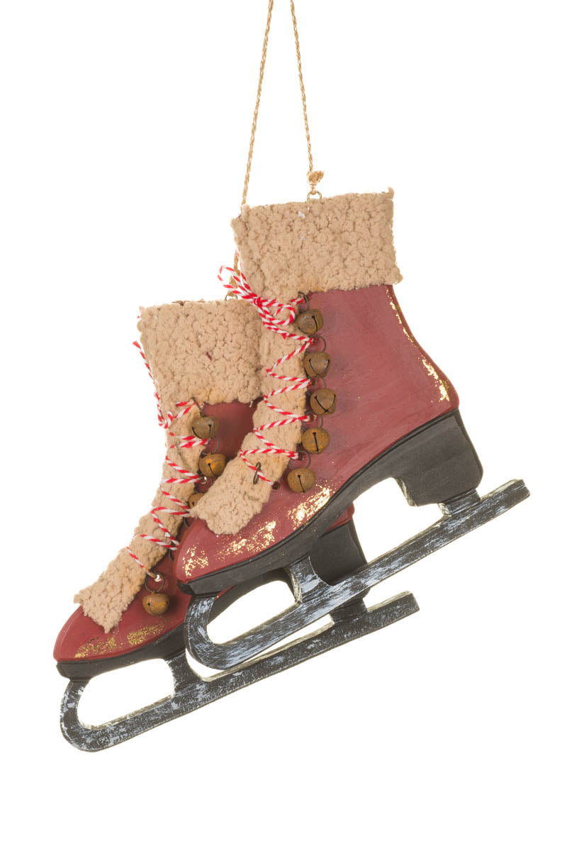 8.5" Red Wooden Ice Skates Ornament with Bells