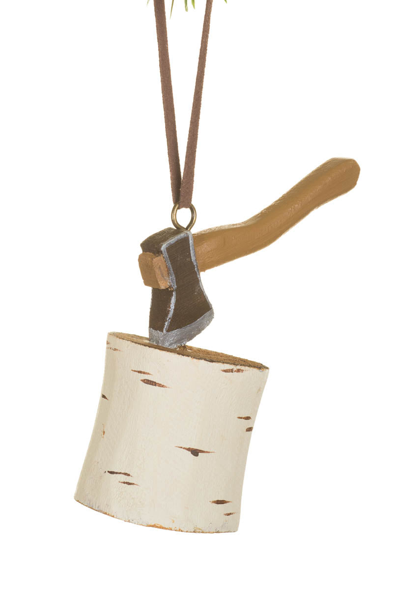4" White and Umber Wooden Axe Chopping Block Ornament