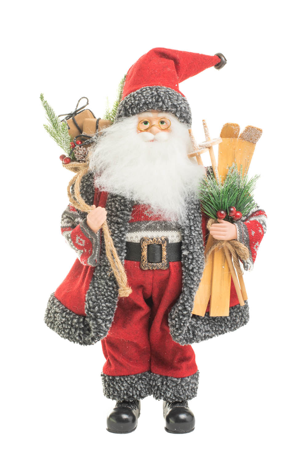 19" Red and Gray Knitted Nordic Santa Figurine with Gift Sack