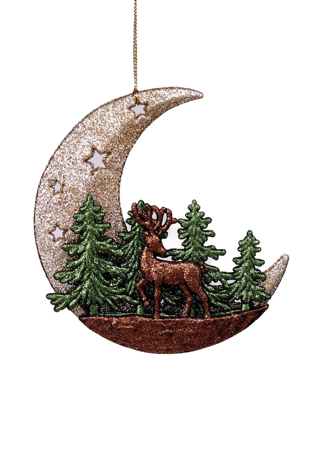 5" Hanging Gold Acrylic Crescent Moon Ornament with Reindeer's Forest