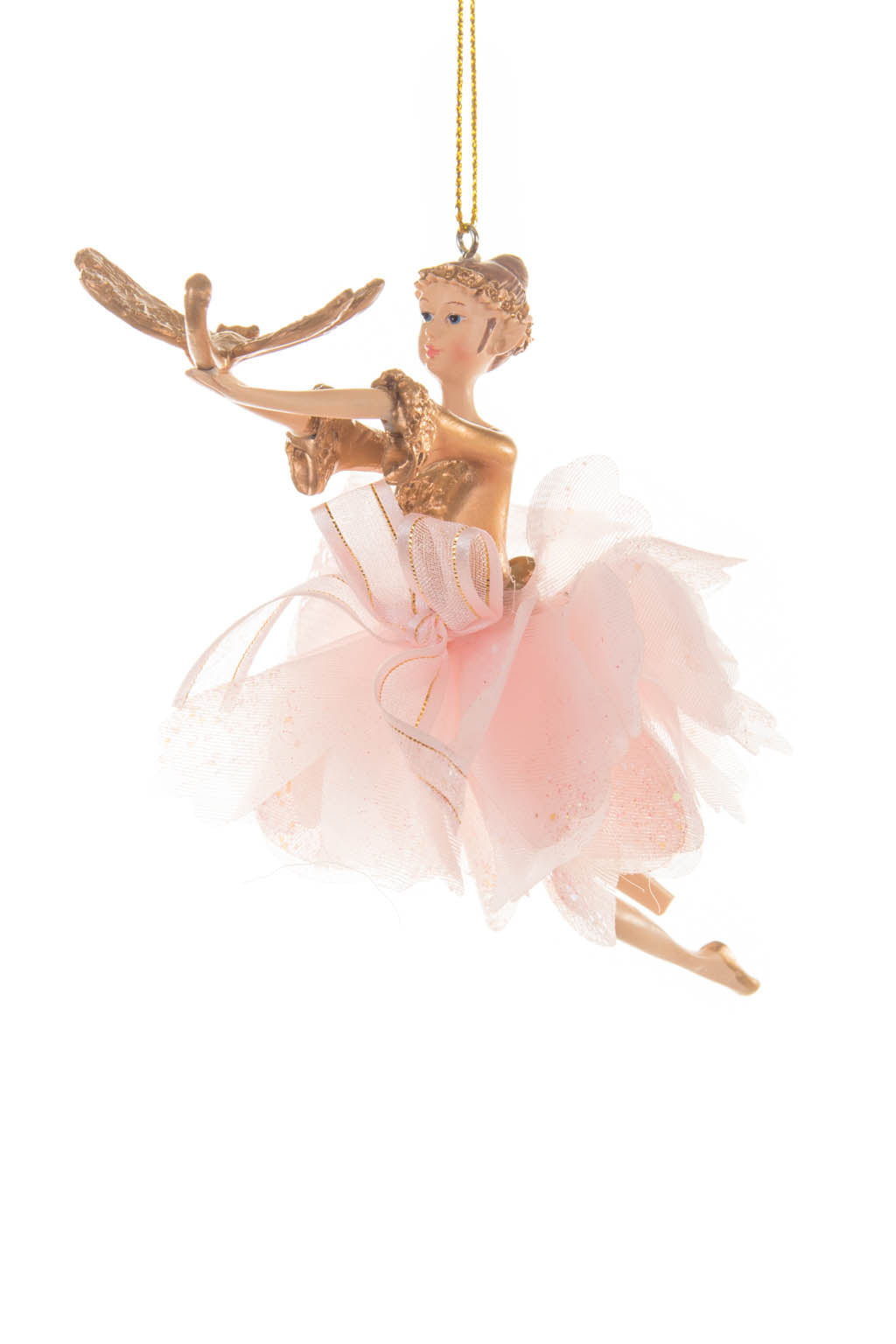 6.5" Hanging Pink and Gold Cloth Fairy Ballerina Ornament with Dragonfly