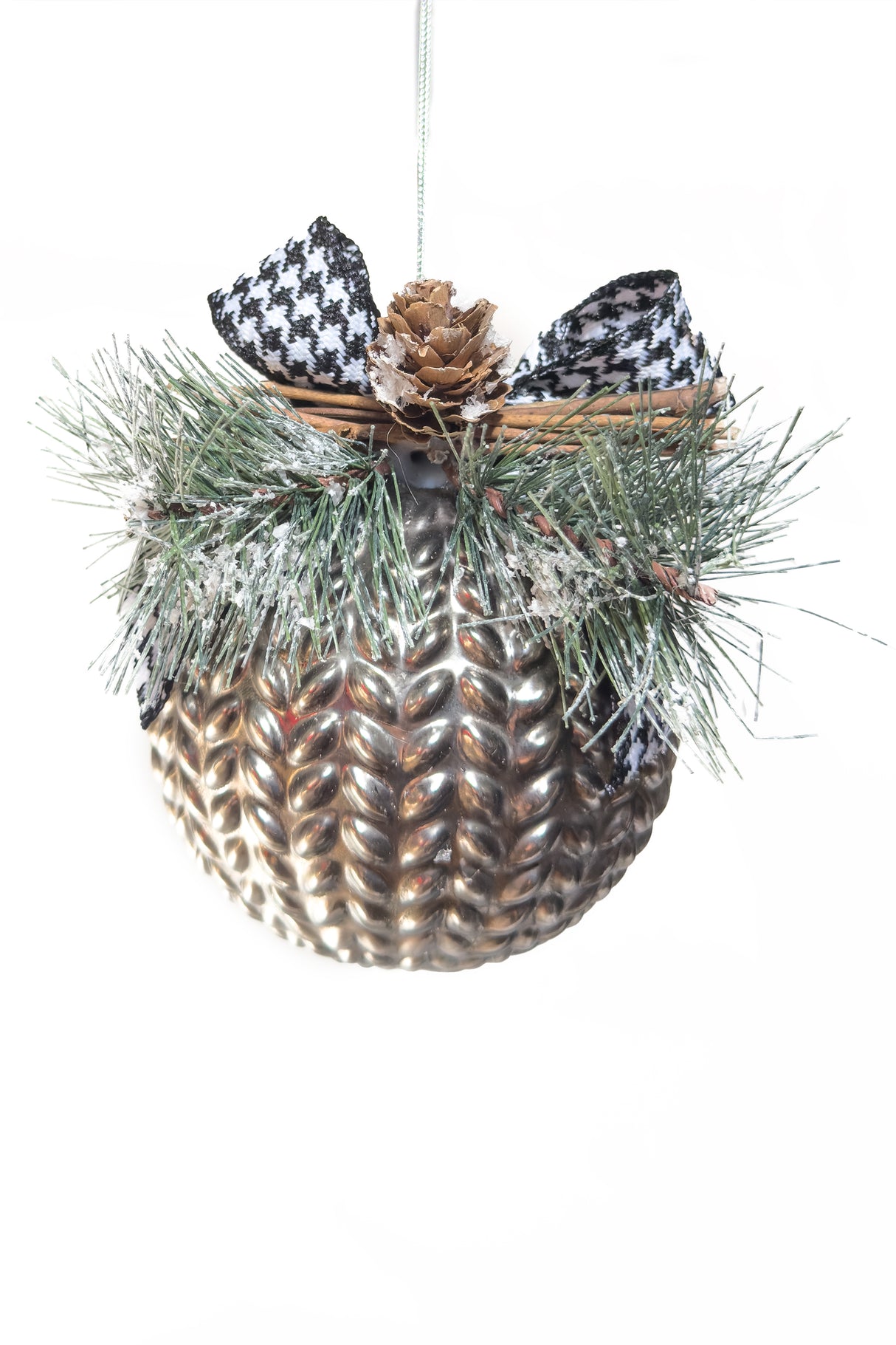 5" Hanging Silver Glass Armor Ball Ornament with Black Plaid Bowtie