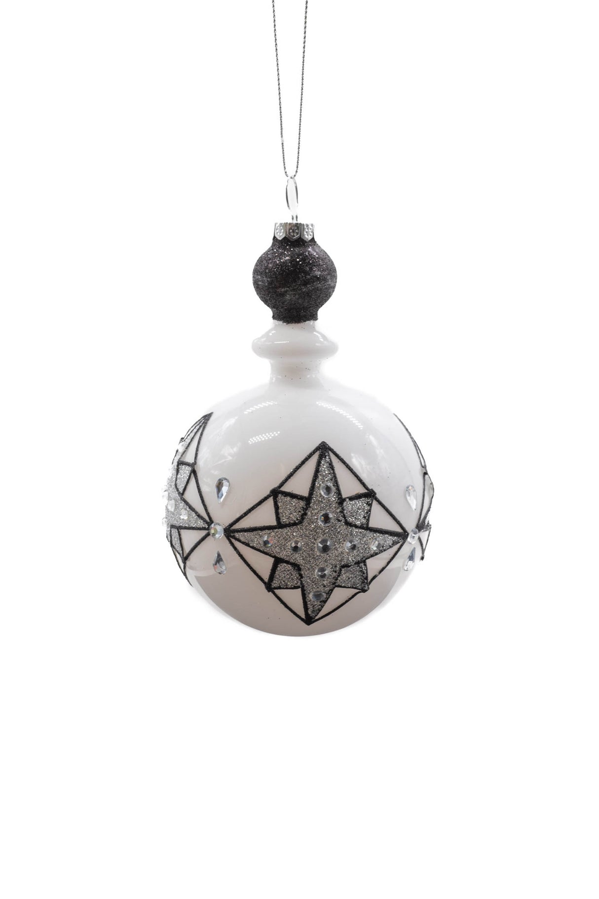 5" Hanging White and Black Glass Reverse Finial Ornament with North Star Pattern