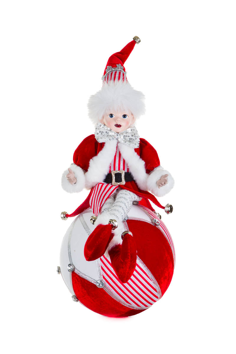 16" Sitting Red and White Fabric Jester Elf Figurine On Ball