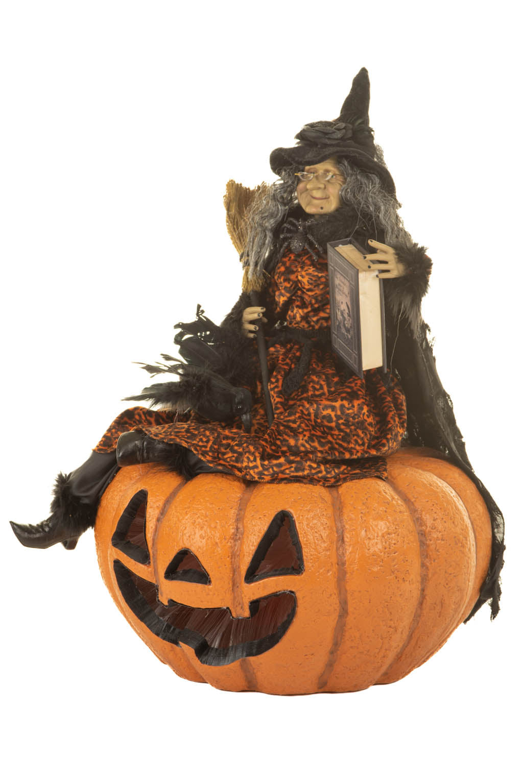 26" Sitting Flocked Orange and Black Polyfoam Vogue Witch Figure Sitting On A Pumpkin