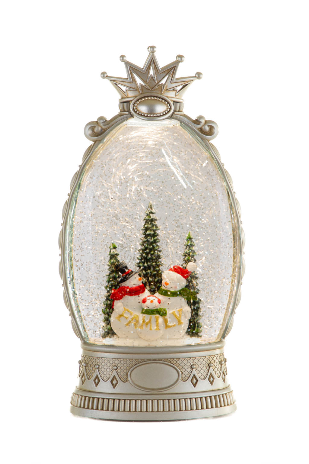 26" Musical Silver Plastic Snowman Family Warm White LED Snow Globe with Swirling Glitter