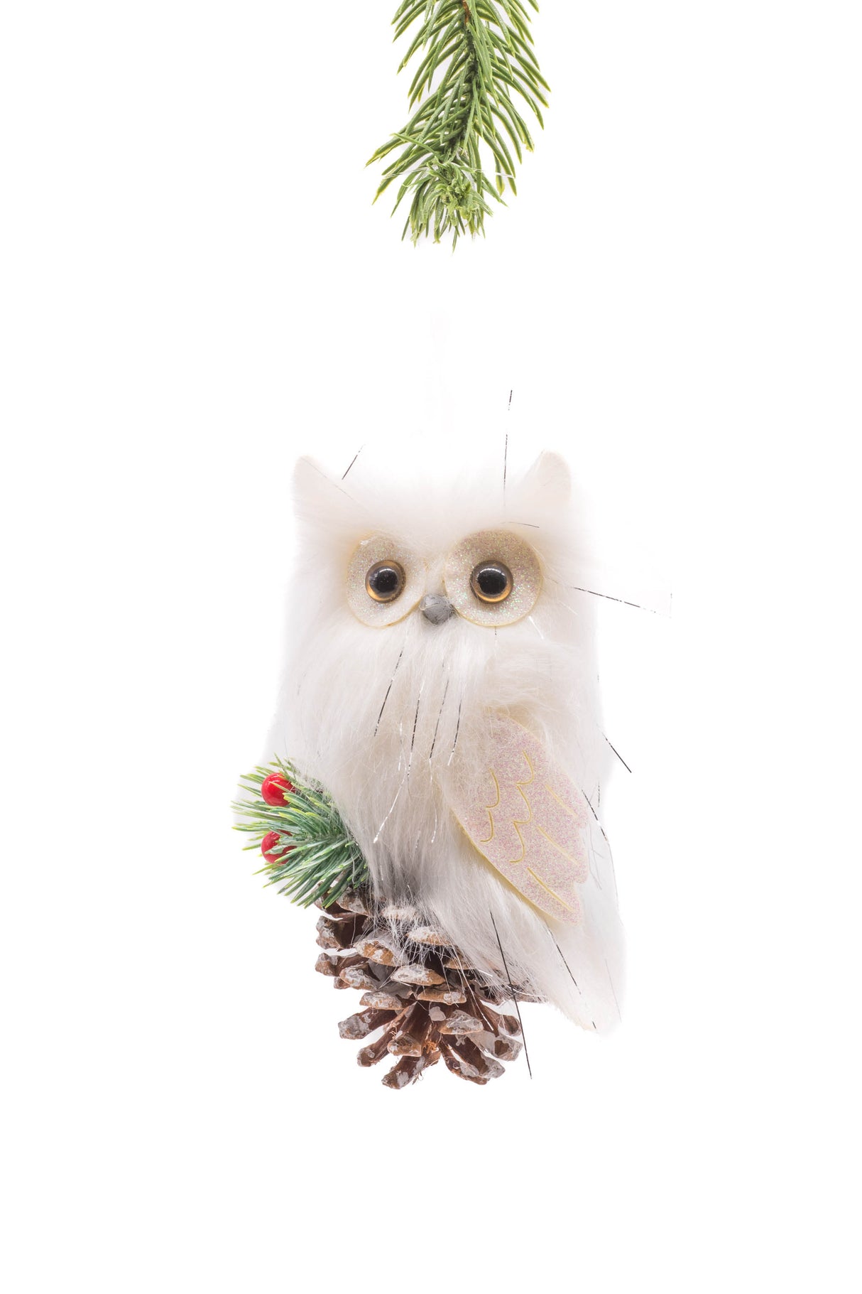 6.5" Hanging White Cloth Owl Ornament On Pinecone