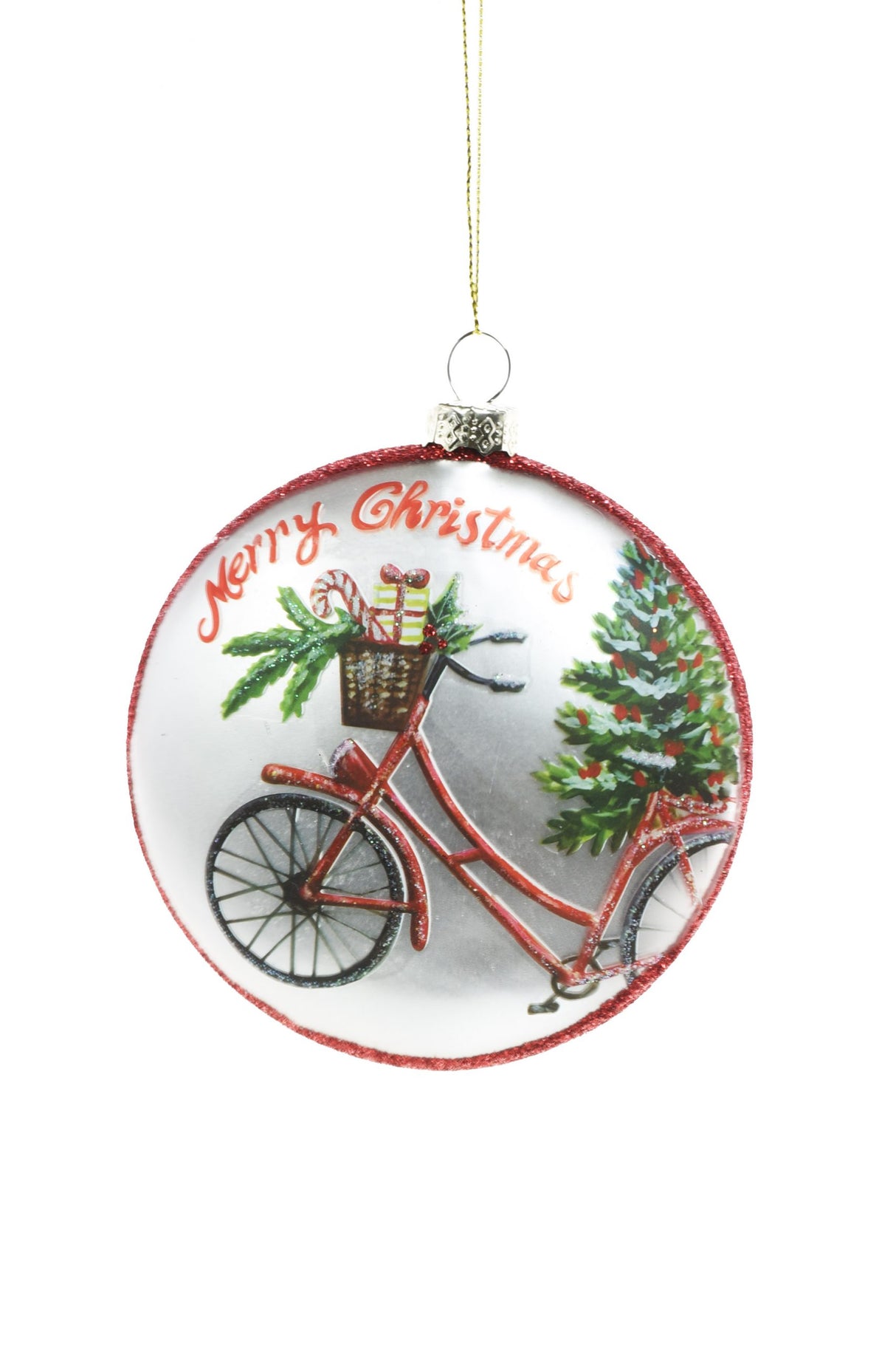4" Flat Hanging Silver and Red Glass Disc Ornament with "Merry Christmas" Bike