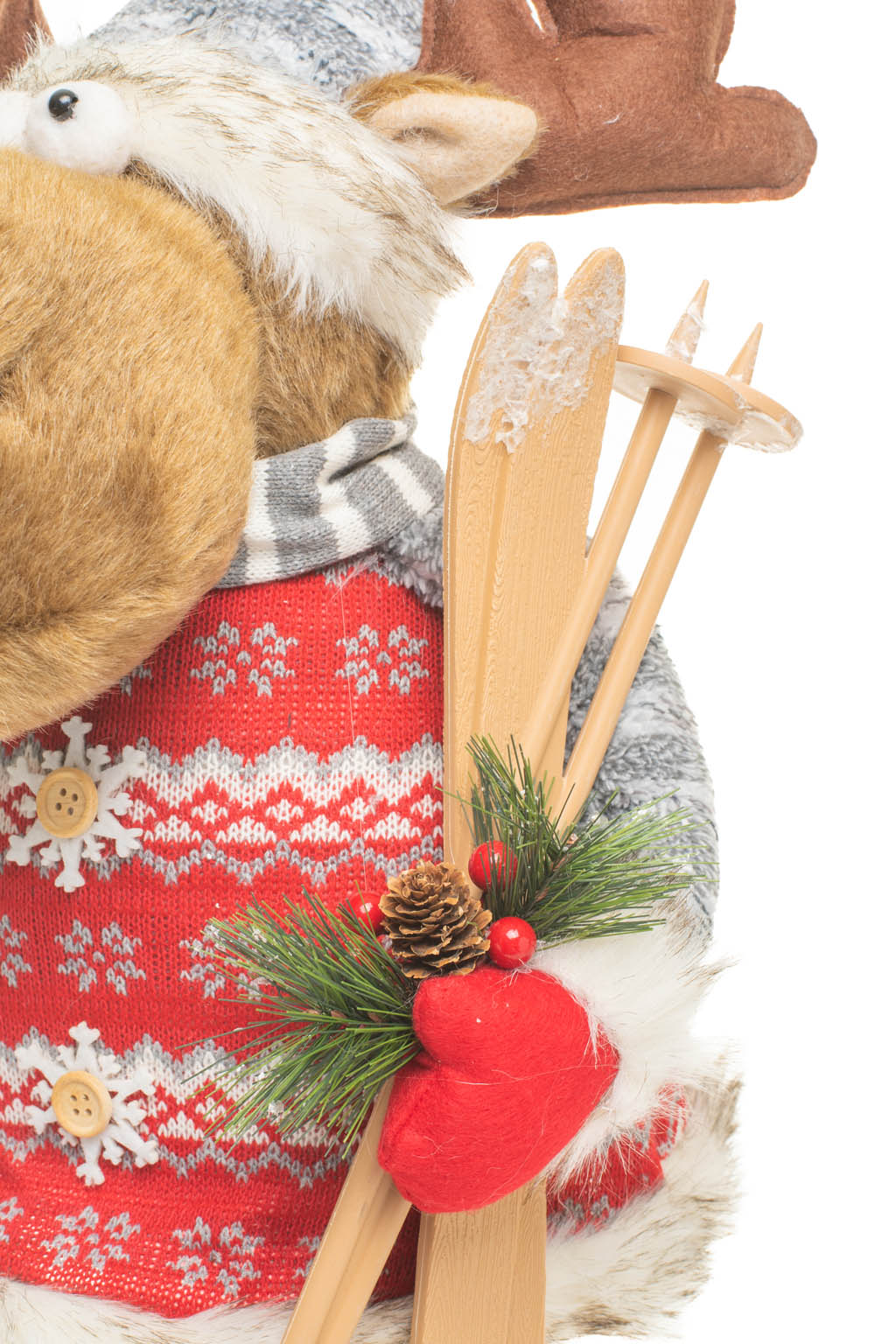 29" Red and Gray Knitted Moose Figurine with Skis