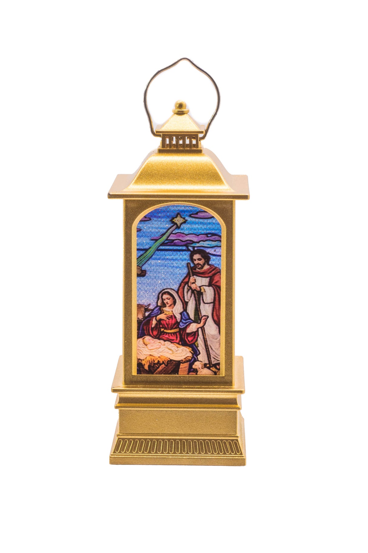 5.25" Small Gold Plastic Christmas Lantern LED Decoration with Nativity