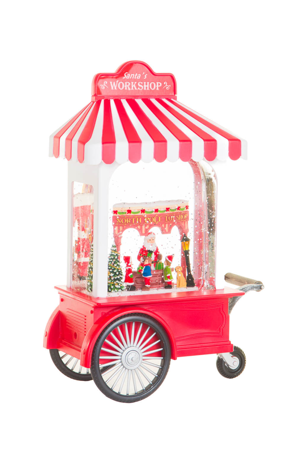 27" Candycane Red Plastic Santa's Workshop Cart LED Snow Globe with The Toyshop