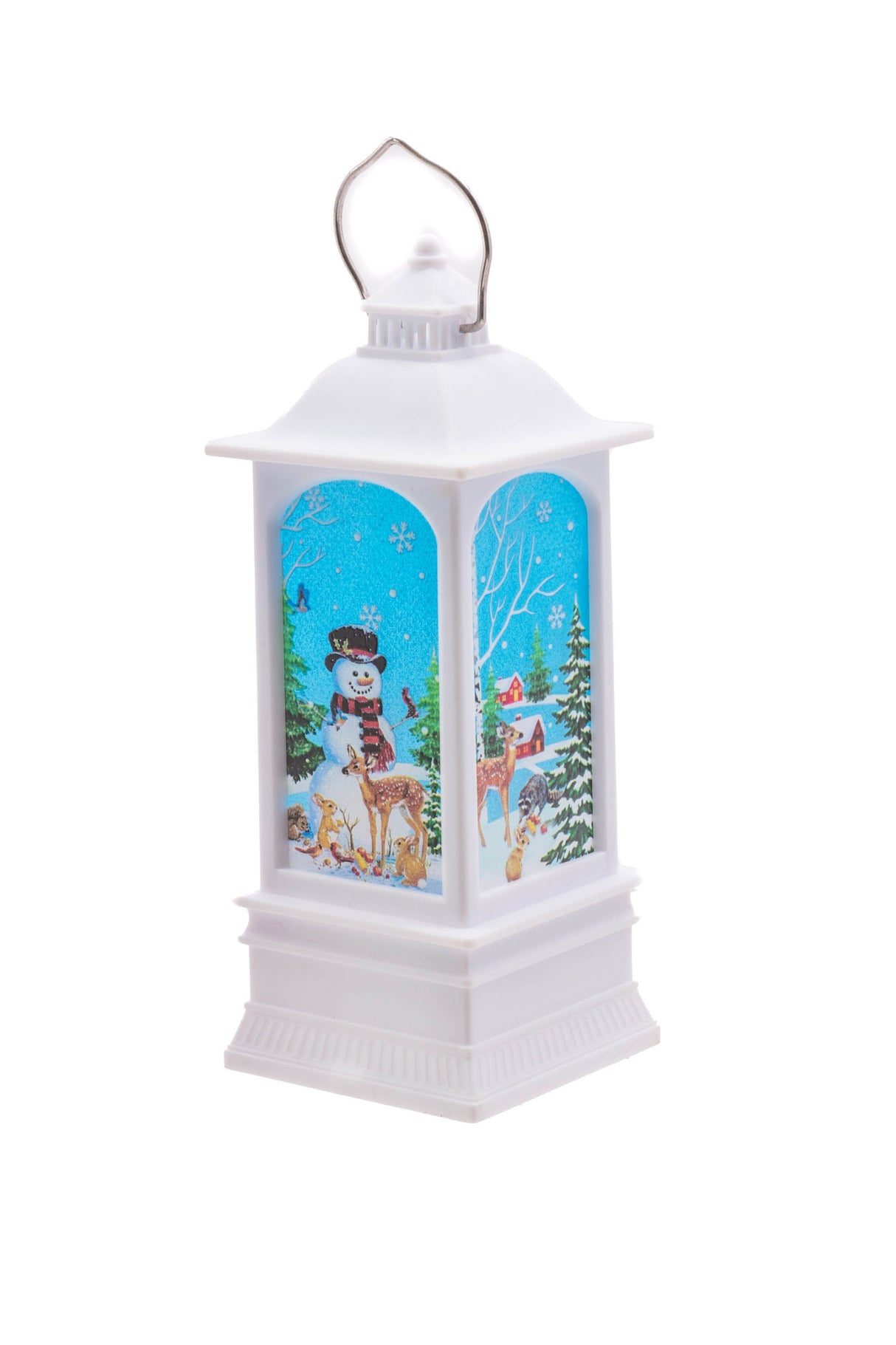5.25" Small White Plastic Christmas Lantern LED Decoration with Snowman Family