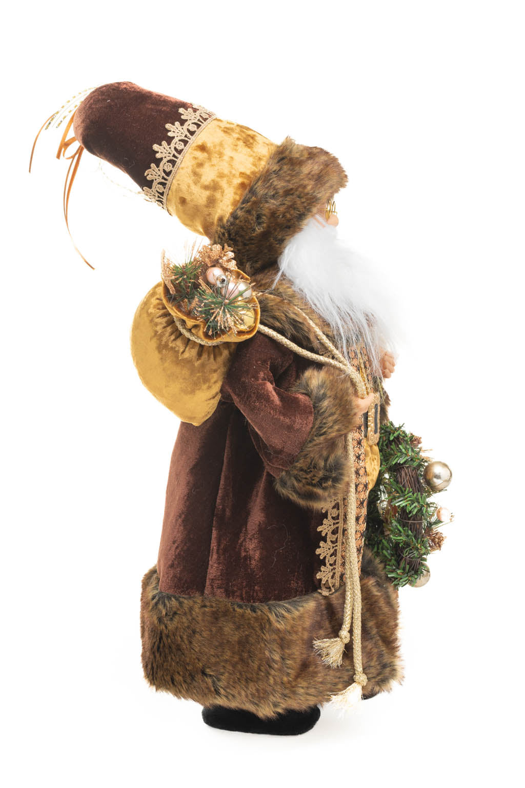19" Brown and Gold Cloth Russian Santa Figurine Holding Gift Bag