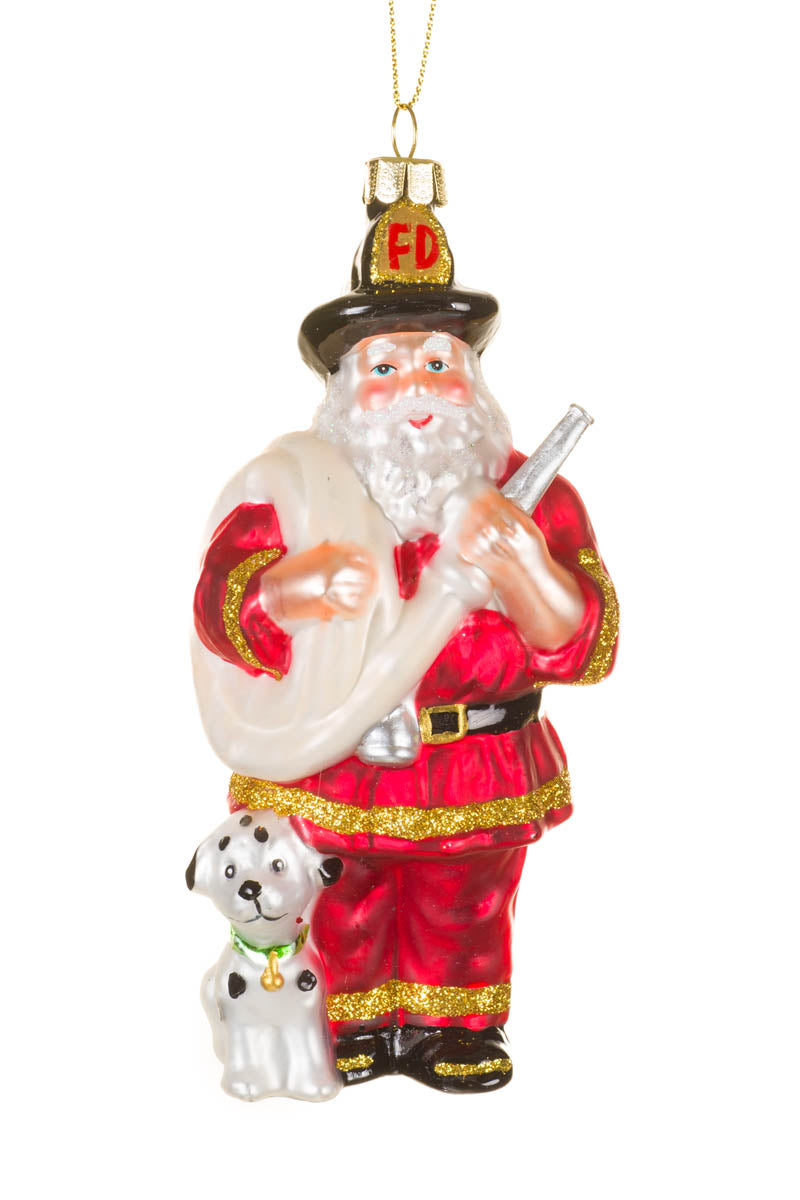 6" Hanging Red Glass Fireman Santa Ornament with Dalmatian