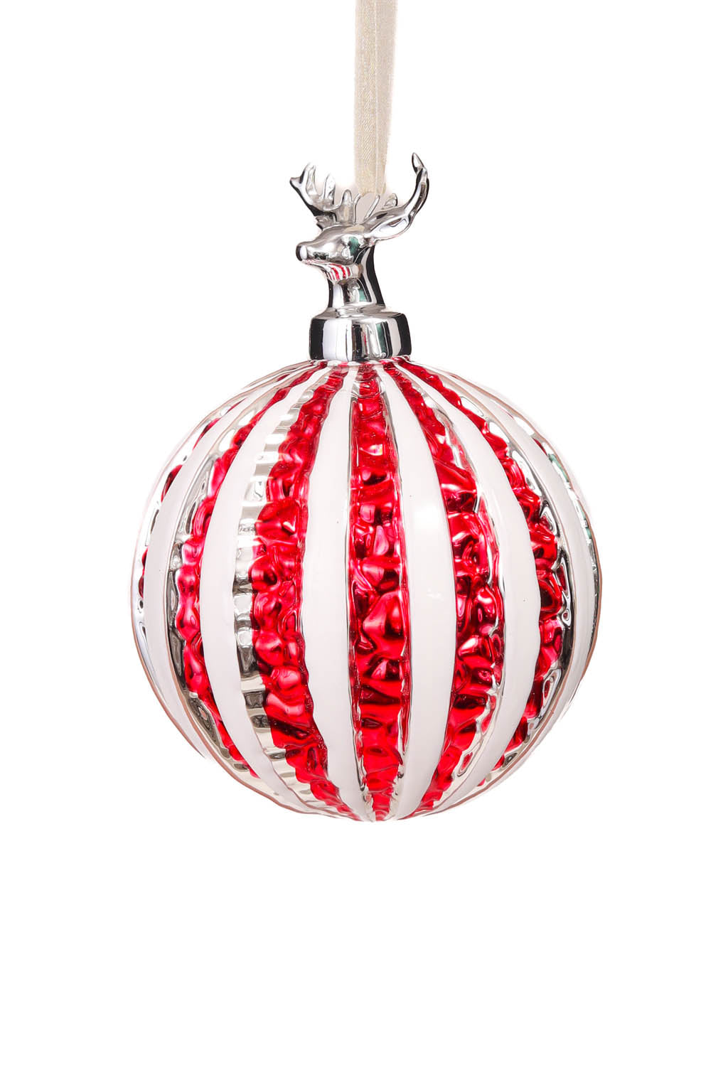 4.3" Hanging Candycane Red and White Glass Ball Ornament with Deer Head Mount