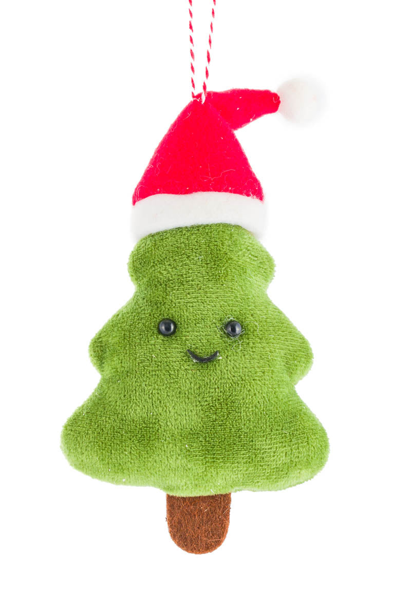 5.75" Hanging Green Fabric Lil' Tree Ornament with Santa Hat