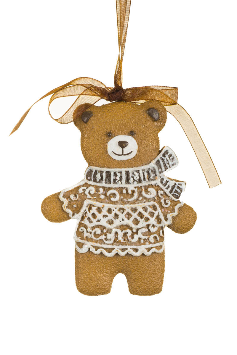 3.5" Hanging Brown and White Resin Gingerbread Bear Ornament