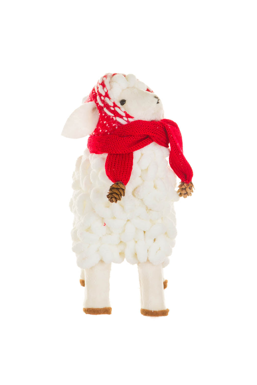 5" White and Red Cotton Sheep Figurine with Winter Scarf