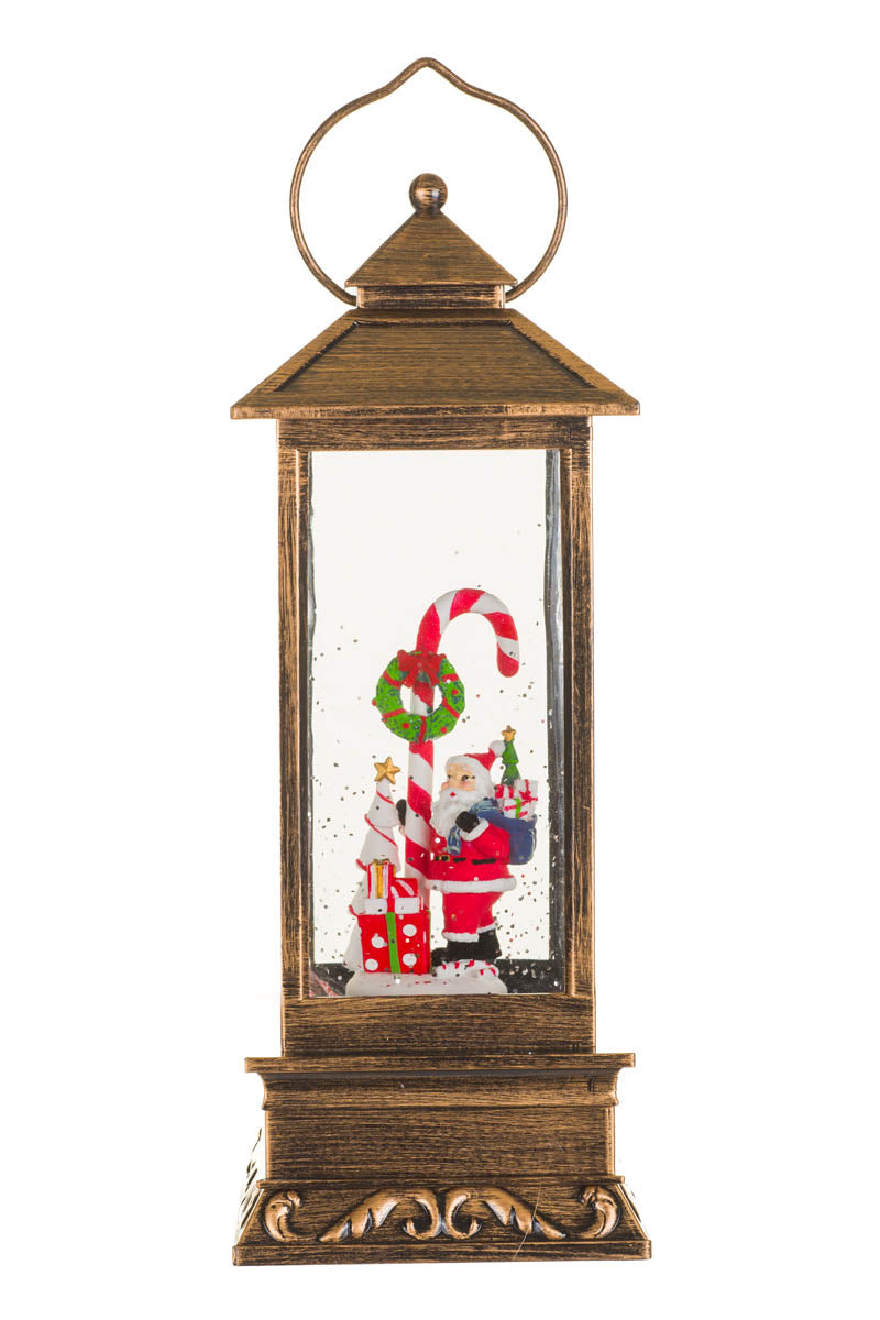 11" Musical Bronze Plastic Lantern Warm White LED Snow Globe with Santa and Giant Candy Cane