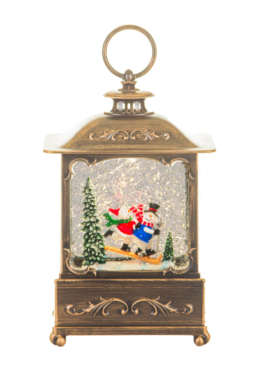 8.6" Bronze Plastic Lantern Warm White LED Snow Globe with Skiers