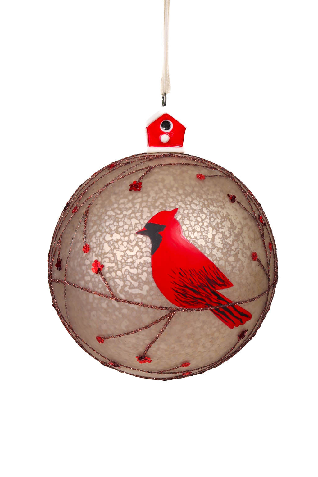 4.3" Hanging Gray and Red Porcelain Ball Ornament with Cardinal