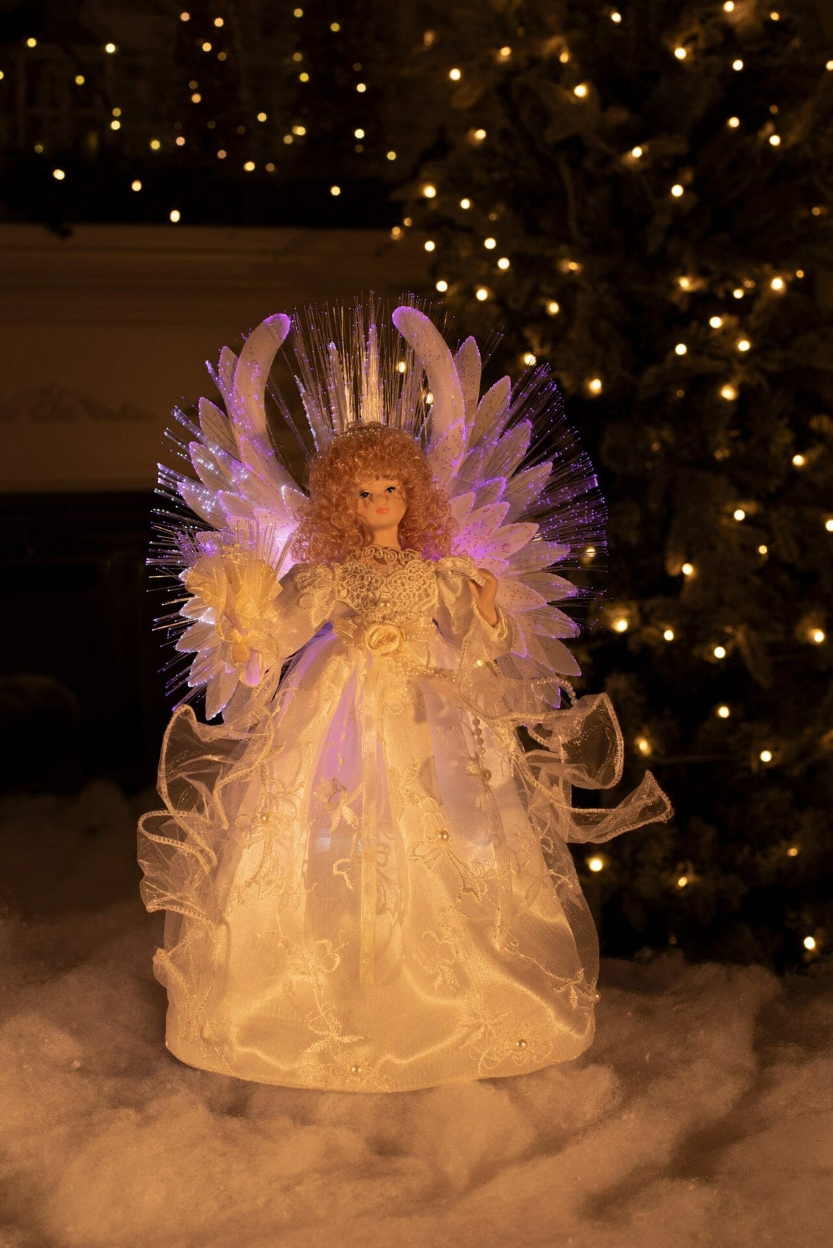 14" Ivory Cloth Modern Fiber Optic Angel Tree Topper with Blonde Curly Hair