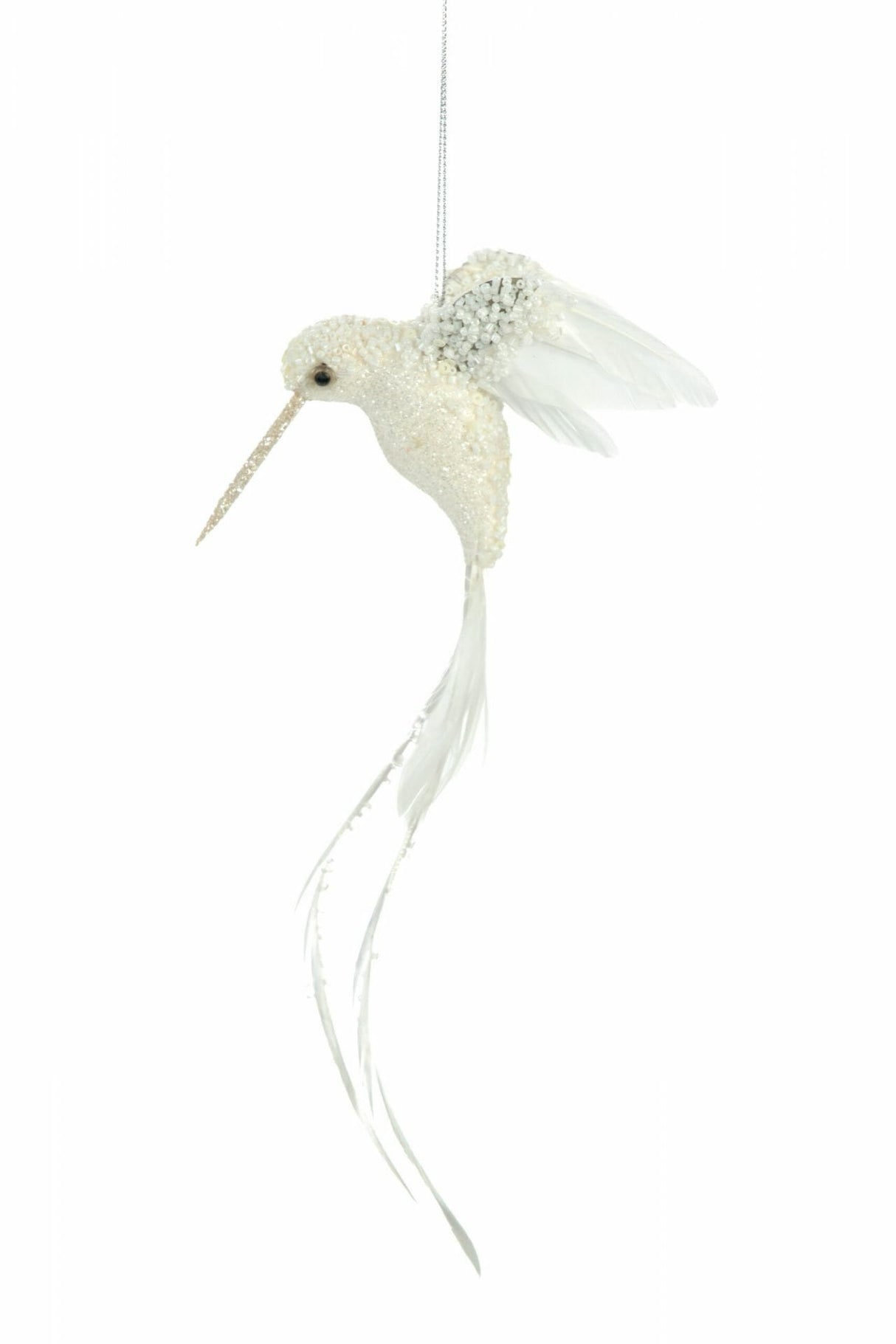 10.5"Hanging White Feathered Hummingbird Ornament with Long Tail