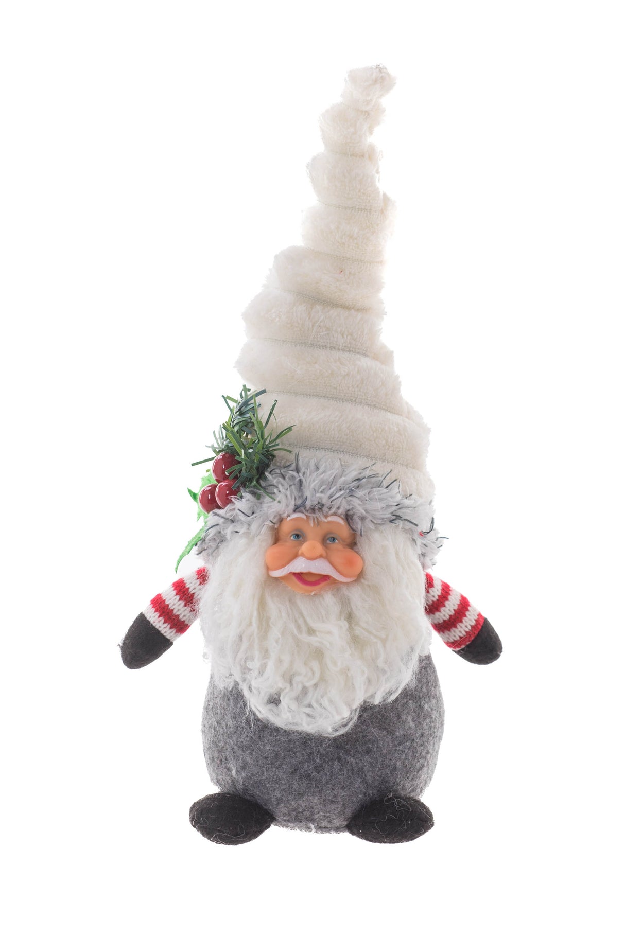 10" Plaid Gray and White Cloth Petite Santa Gnome with Striped Undershirt