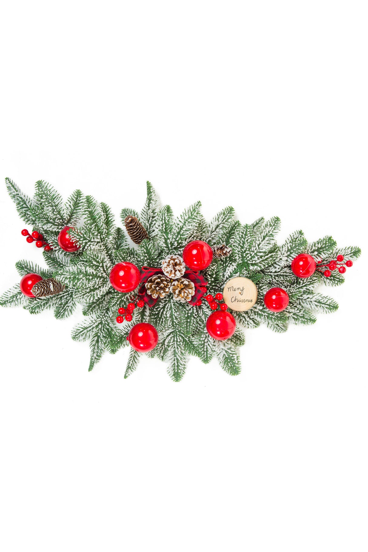 27.55" Hangable Flocked Green and Red Pvc Ornamented Teardrop Swag