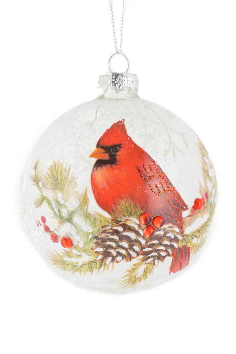 4.5" Frosted Hanging Clear and White Glass Ball Ornament with Cardinal
