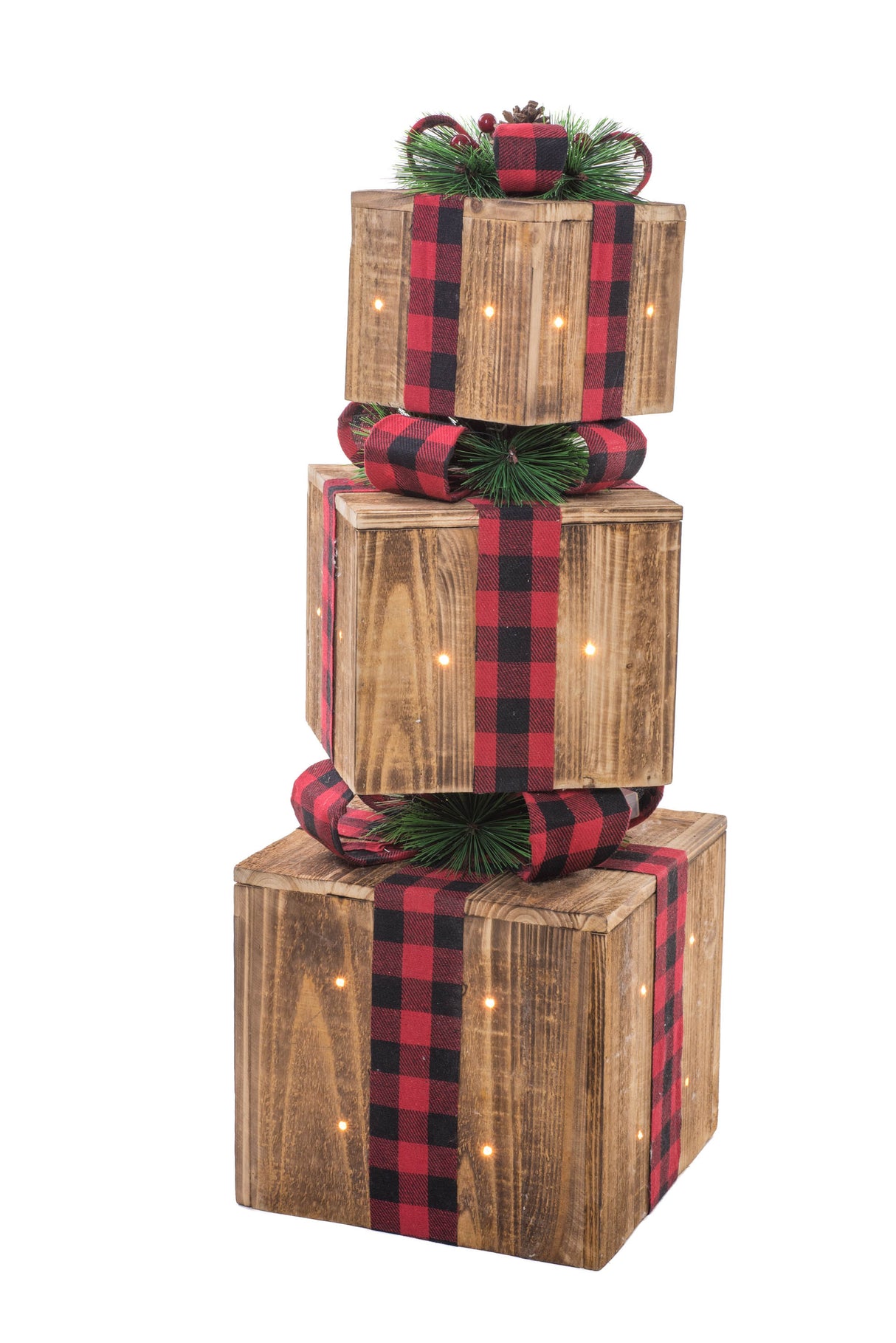 12.5" Umber Wood 3 Piece Illuminated Present Set with Buffalo Plaid Ribbon