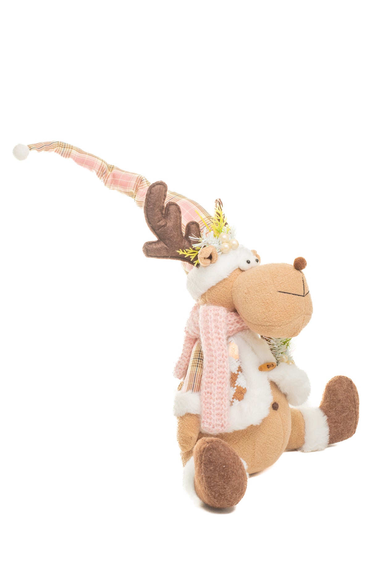 16" Cozy Sitting Plaid Pink and Brown Cloth Moose Figurine