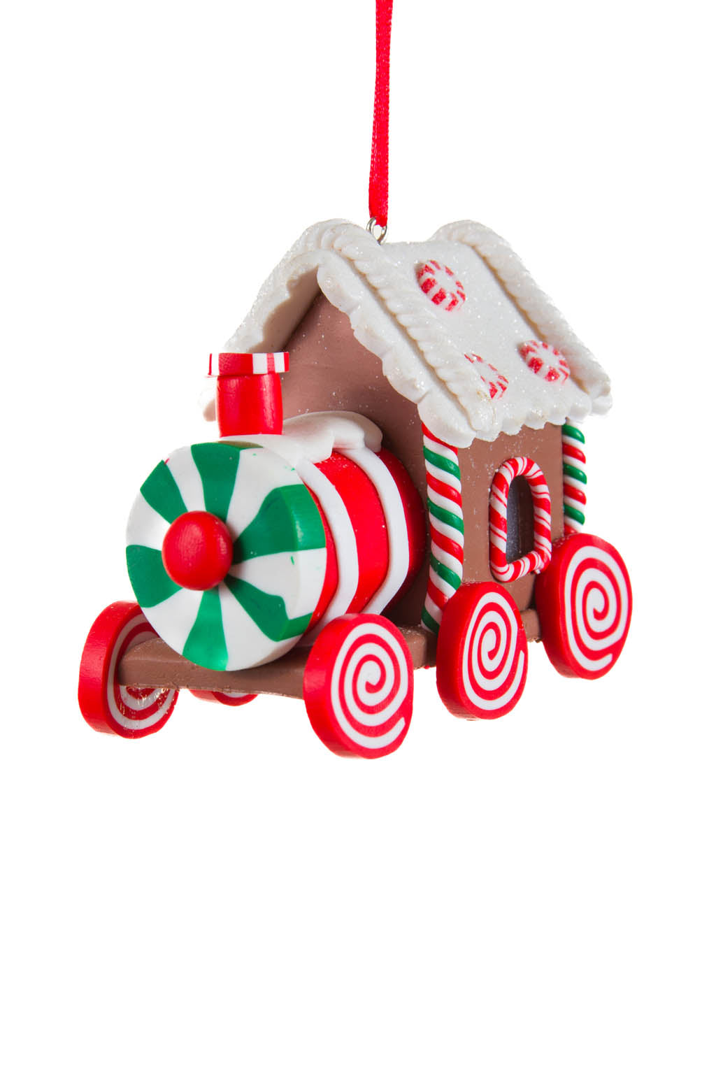 3.25" Hanging Candycane Brown and White Clay Train Cool White LED Ornament