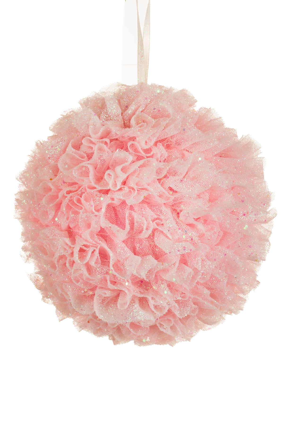 4.5" Hanging Sparkly Pink Fabric Puffball Ornament