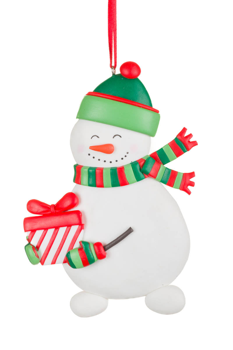 4.75" White Clay Gift-Giving Snowman Ornament