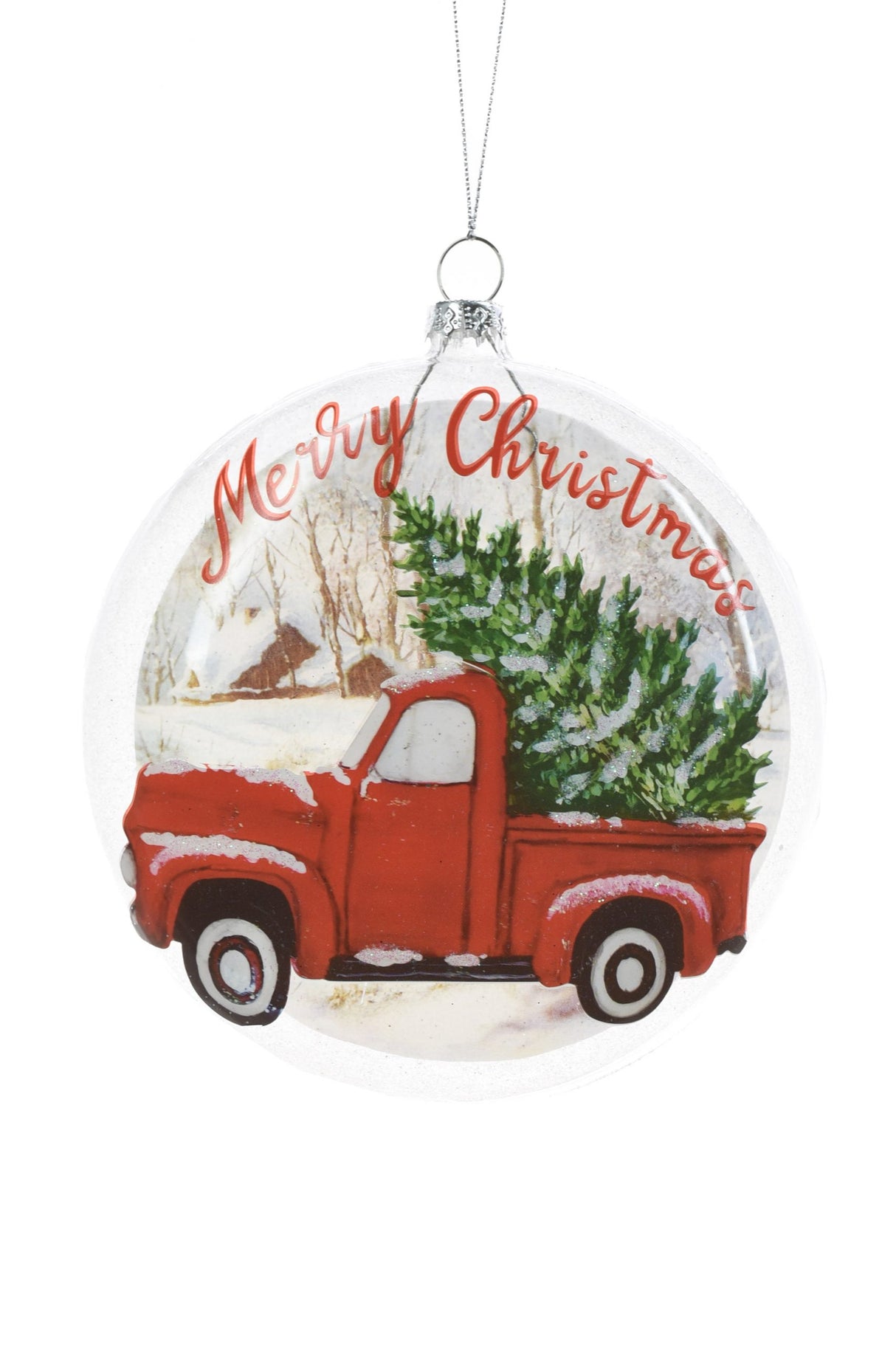 4.75" Flat Hanging Clear Glass Disc Ornament with "Merry Christmas" Truck