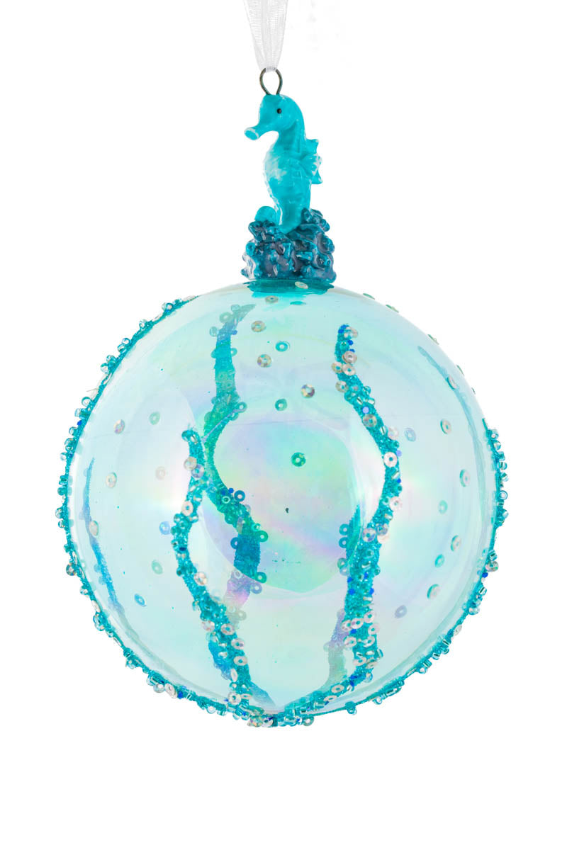 5.5" Sequin Blue Glass Seahorse Bulb Ornament