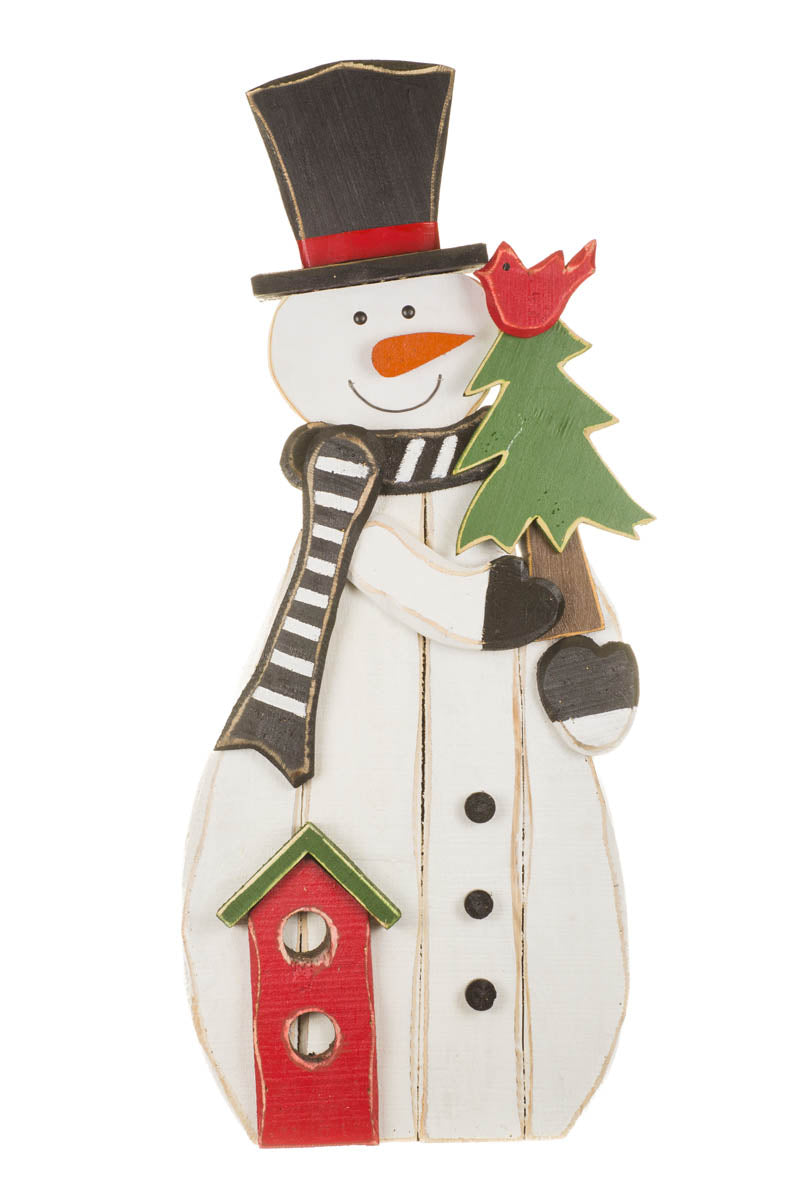 36.75" White and Black Wooden Snowman Display with Birdhouse